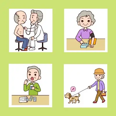 定期健診を受けているイラストです。
血圧を測ったりや薬を飲んでいるイラストです。
また、健康のため犬を散歩している高齢女性のイラストです。