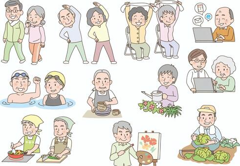 趣味や体操をしている高齢者のイラストです。