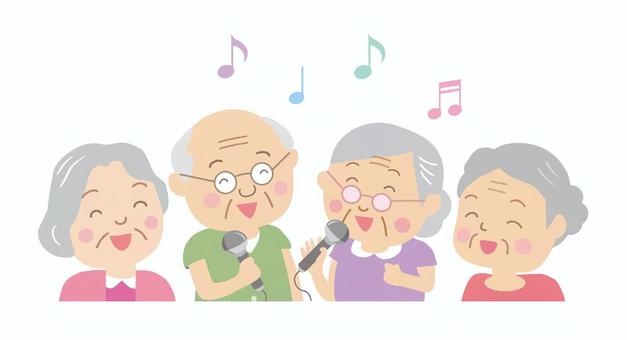 皆でカラオケを楽しんでいる高齢者のイラストです。