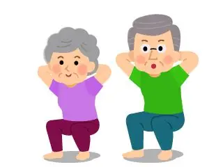 スクワットトレーニングをしている高齢者のイラストです。