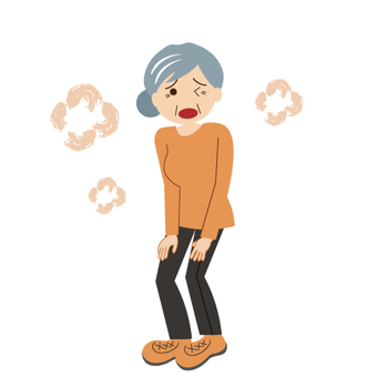 息が切れて歩行が困難な高齢女性のイラストです。