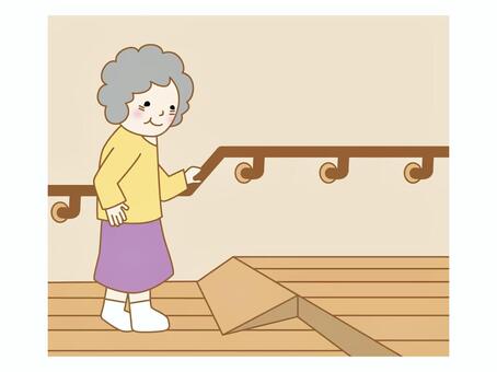 段差がなく手すりがついている自宅のイラストです。
女性がっ手すりにつかまって歩いています。