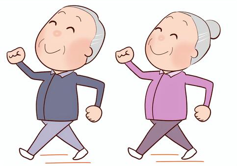 元気に散歩をしている高齢男女のイラストです。