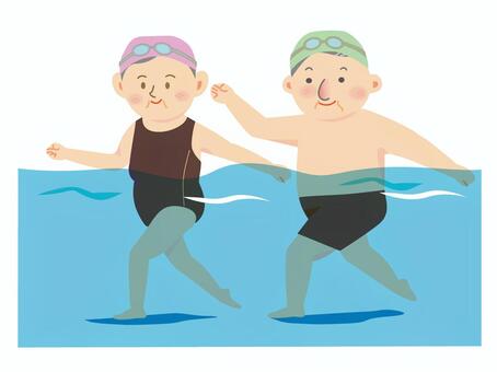 水中ウォーキングをしている高齢者のイラストです。