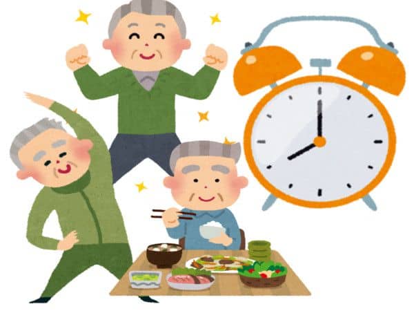 規則正しい生活を送っている高齢男性のイラストです。