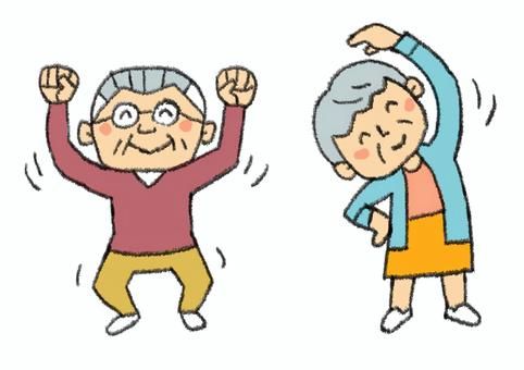 元気に軽い運動をしている高齢男女のイラストです。