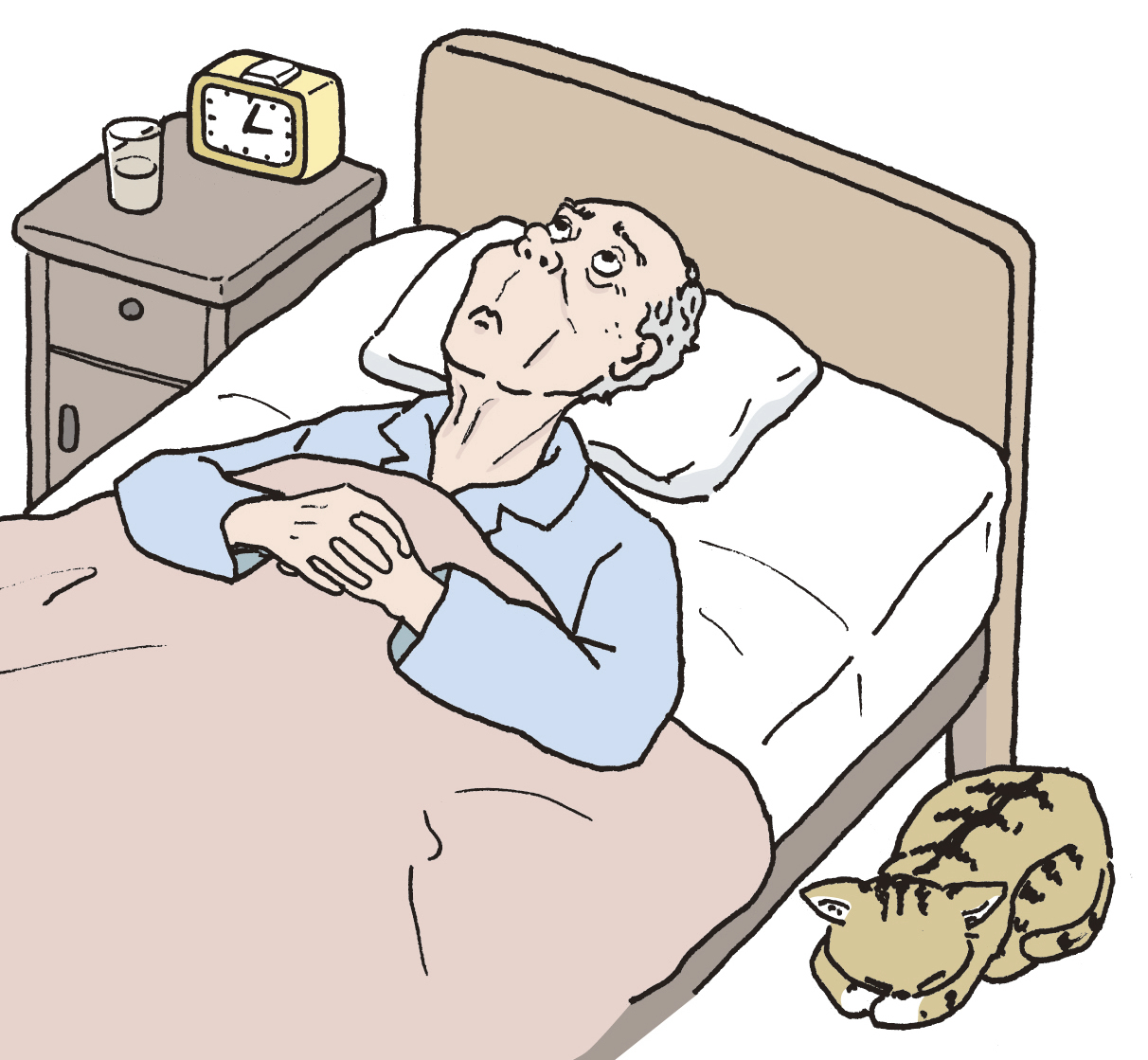 なかなか寝付けない高齢男性のイラストです。