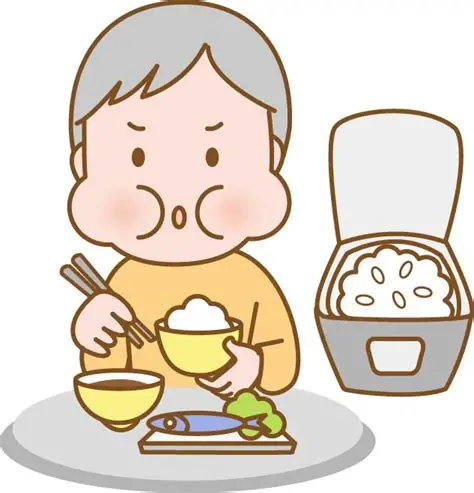 食欲の秋。食べ過ぎている高齢者のイラストです。