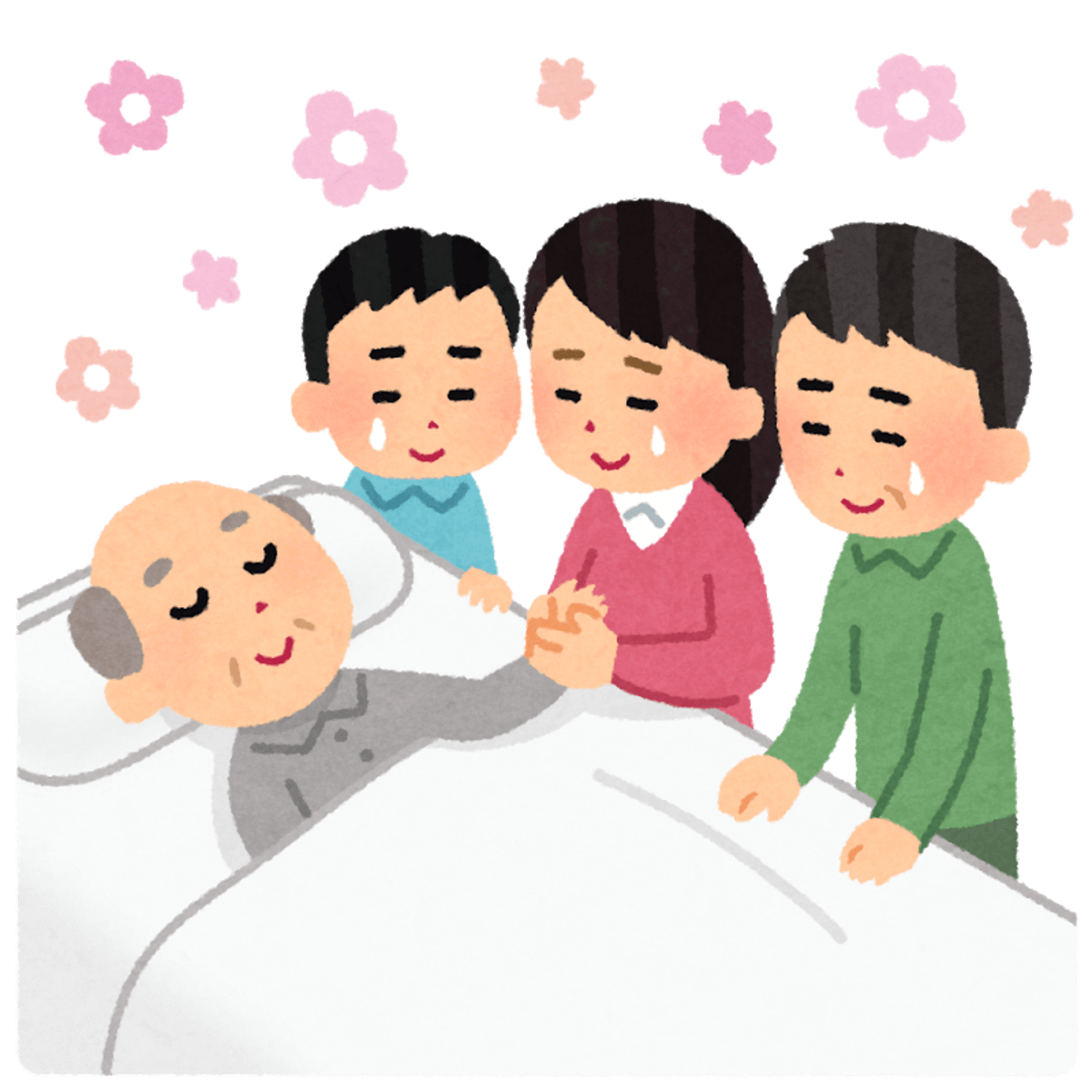 ターミナルケアの高齢男性が家族に見守られているイラストです。