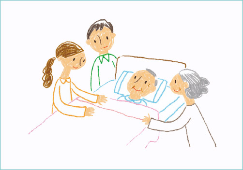ターミナルケアの高齢男性が家族と「にこやかに」話をしているイラストです。