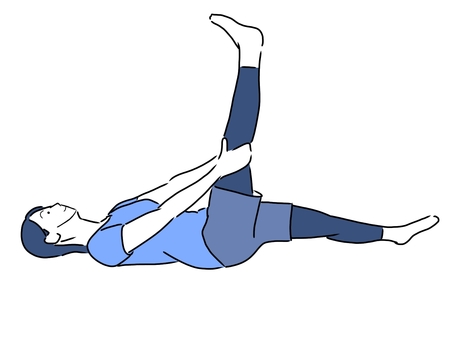 寝ながらももの裏（ハムストリングス）をストレッチしている女性のイラストです。