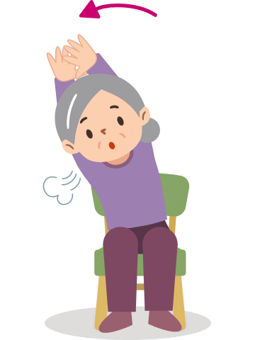 椅子に座って体側を伸ばしている高齢女性のイラストです。