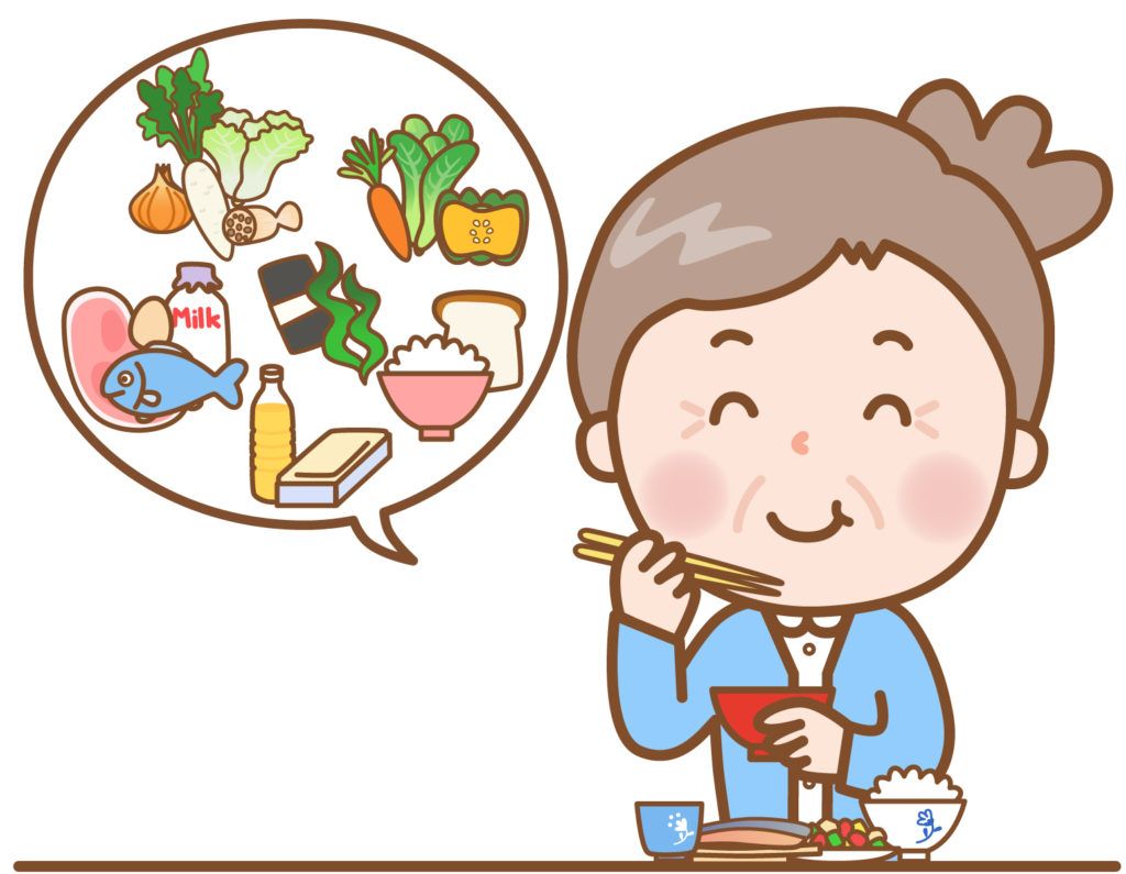 バランスの良い食事をとっている高齢女性のイラストです。