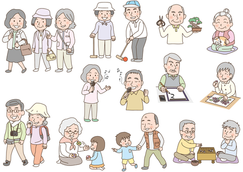 高齢者。様々な趣味のイラストです。