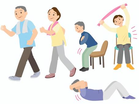 軽い運動をしている高齢者のイラストです。