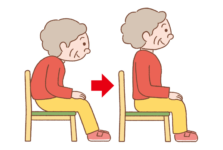 椅子に座って骨盤を動かし背筋を伸ばしている高齢女性のイラストです。