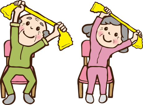 椅子に座りタオルを使ってストレッチをしている高齢男女のイラストです。