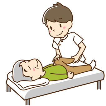 訪問マッサージを受けている高齢女性のイラストです。