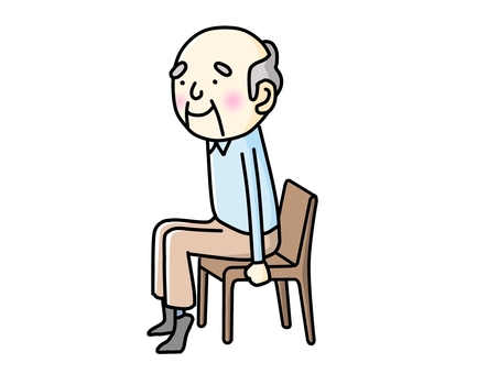 椅子に座りかかとを上げ、ふくらはぎの運動をしている高齢男性のイラストです。