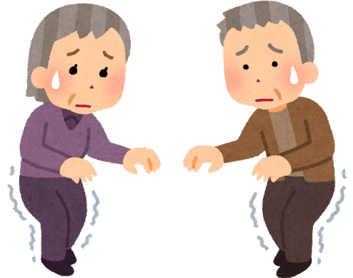 歩行が大変な高齢男女のイラストです。