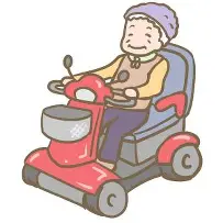 電動カートで楽しそうに移動している高齢女性のイラストです。