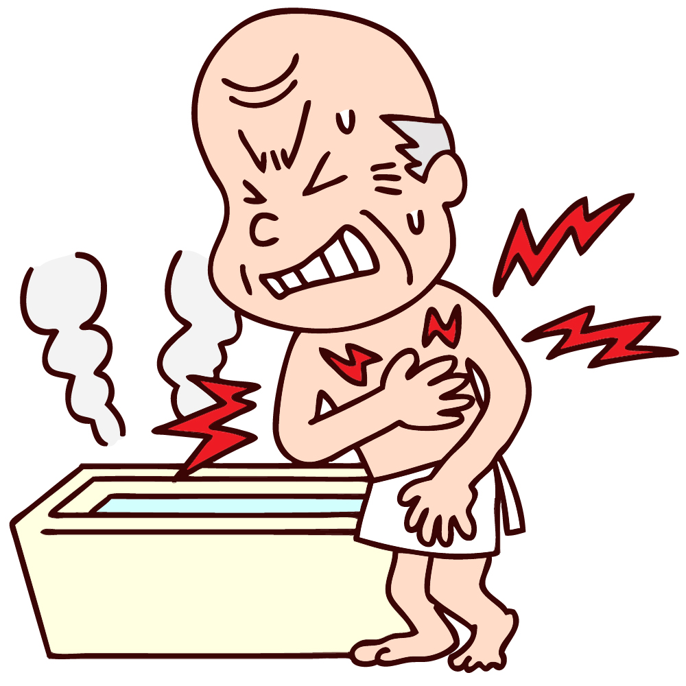 お風呂場で寒暖差のため胸が苦しくなっている高齢男性のイラストです。