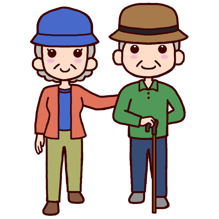 高齢ご夫婦が楽しそうに外出しているイラストです。