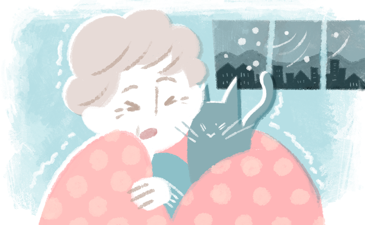 12月になり寒くなり猫と毛布にくるまり寒さをしのいでいる高齢女性のイラストです。