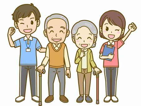 元気で明るい男女の若いケアマネジャーと高齢ご夫婦のイラストです。