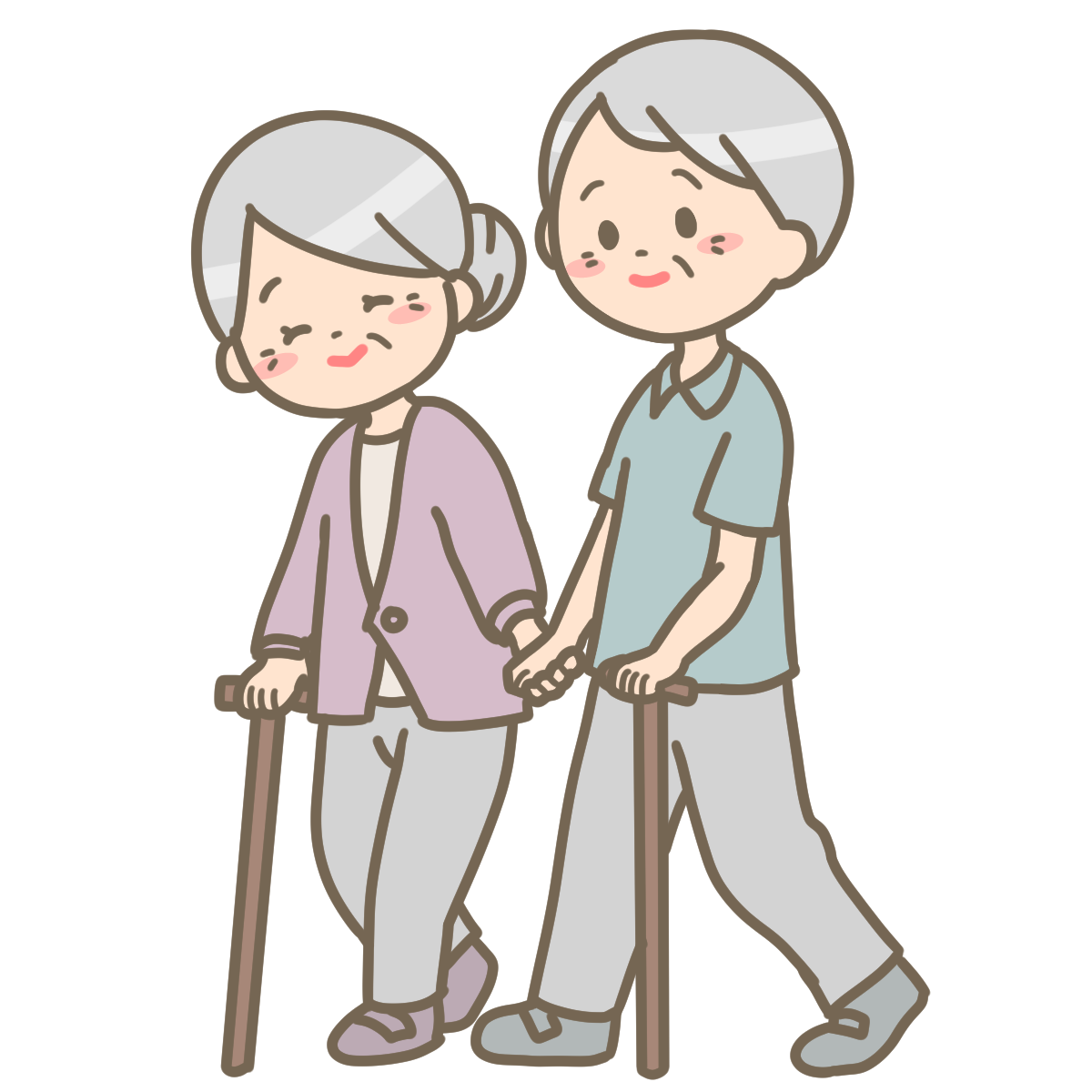 杖を使用して仲良く散歩をしている高齢ご夫婦のイラストです。