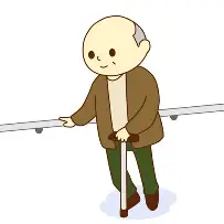 手すりと杖を使って歩いている高齢男性のイラストです。