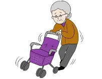 足腰が弱ってきて、歩行器につかまりながら歩いていますが、よろけてしまって転倒しそうな高齢女性のイラストです。