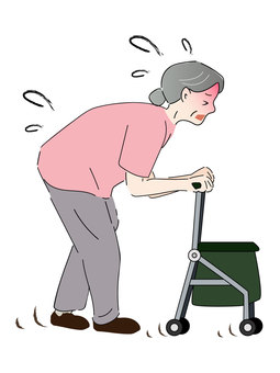 姿勢が悪く腰が曲がっている高齢女性のイラストです。歩くのがつらそうです。