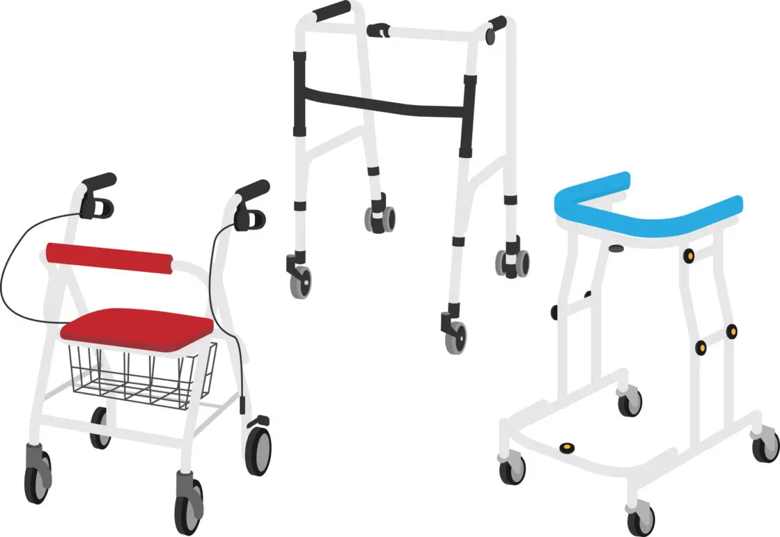 歩いろいろな種類がある歩行器のイラストです。