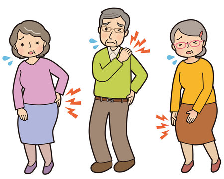 腰・肩・ひざの痛みを訴えている高齢者のイラストです。