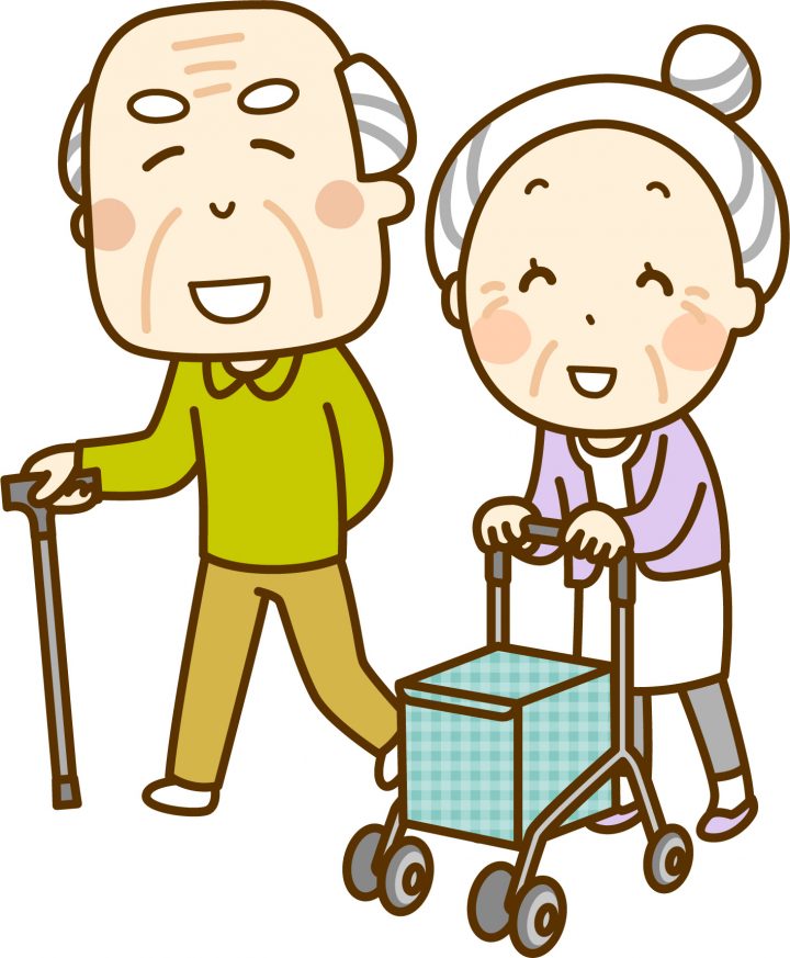 杖・シルバーカーを使用してお出かけしている高齢ご夫婦のイラストです。