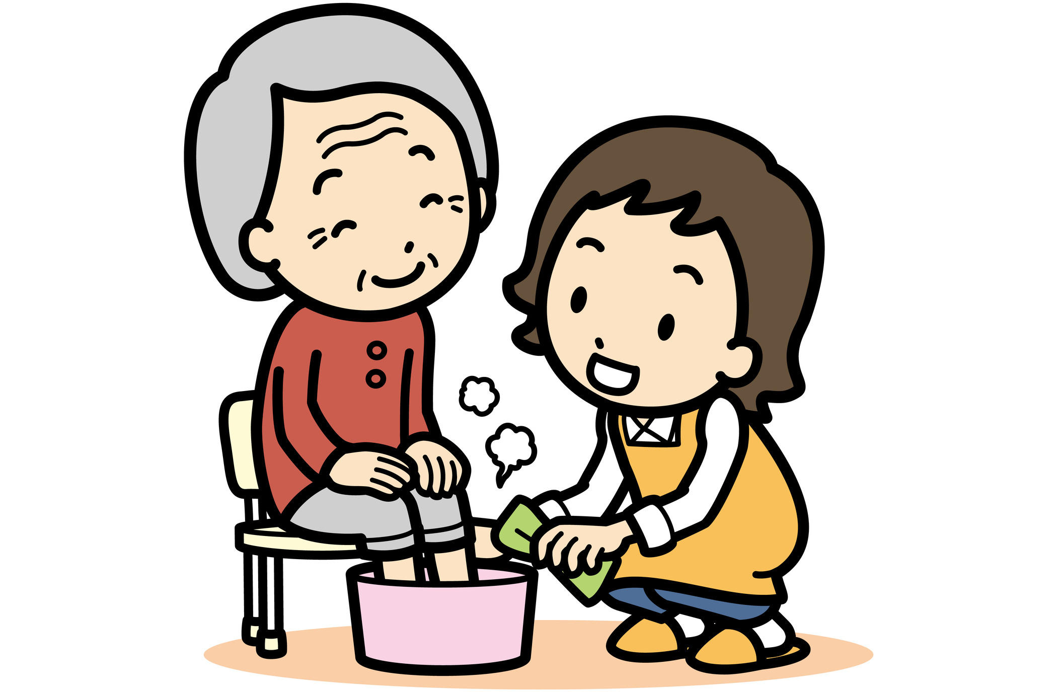 両足を桶で温めている高齢女性のイラストです。となりで女性が笑顔で見守っています。