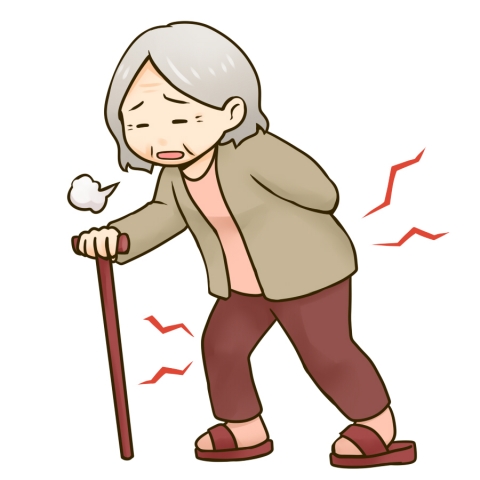 足腰が痛み、歩くのが大変そうな高齢女性のイラストです。