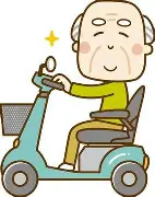 電動カートで楽しそうに移動している高齢男性のイラストです。