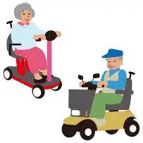 電動カートで移動している高齢男女のイラストです。