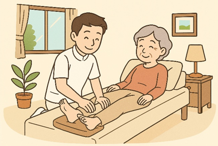 訪問マッサージを受けている高齢女性のイラストです。