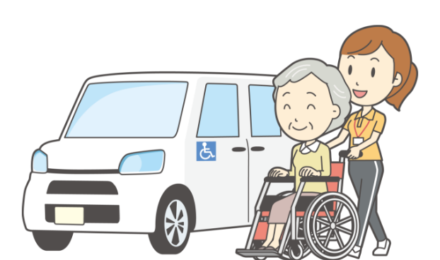 移動支援サービスを受けて車いすで車に乗り移動しているイラストです。