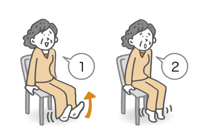 椅子に座って、つま先・かかと上げの運動をしている高齢女性のイラストです。