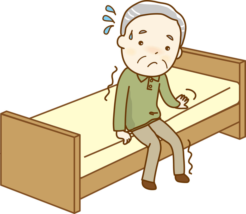 ベットの高さが合わずに立ち上がるのが大変な条例男性のイラストです。
