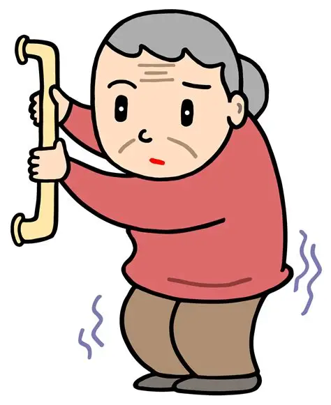 筋力が落ちて手すりにつかまっていても不安定な高齢女性のイラストです。