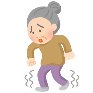 足腰が弱りふらつきながら歩いている高齢女性のイラストです。