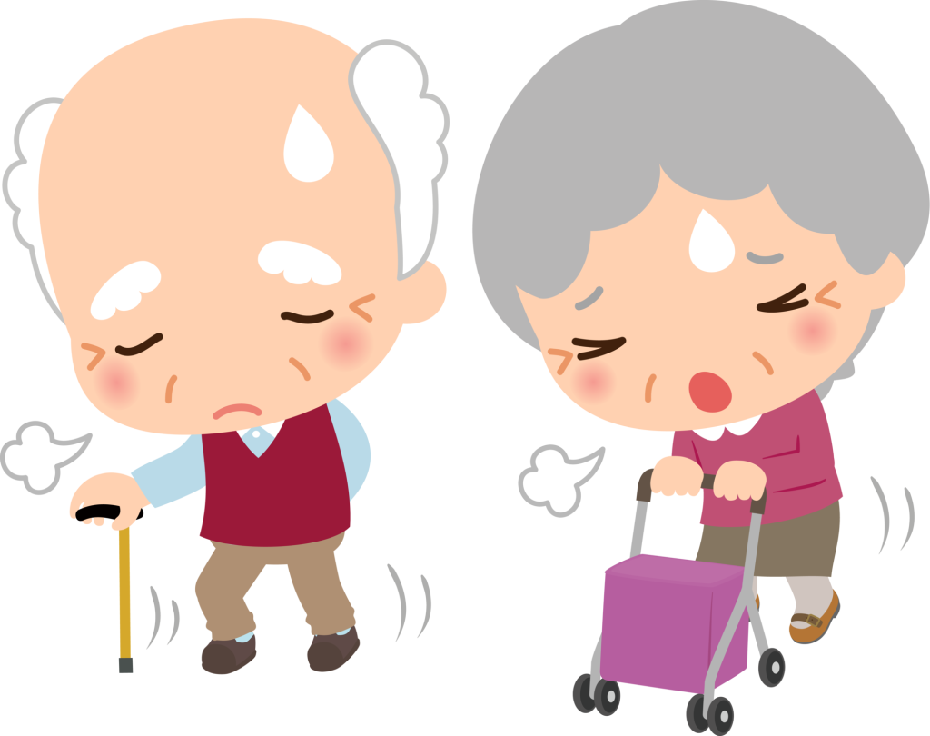 足腰が痛く歩くのがつらい高齢ご夫婦のイラストです。