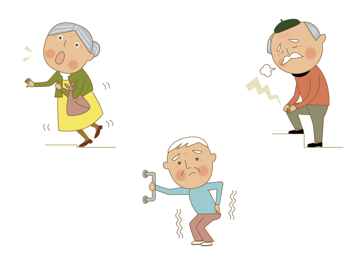 つまづいている高齢女性。階段でひざが痛い高齢男性。手すりにつかまっている高齢男性ですが足腰が不安定です。すべてイラストです。