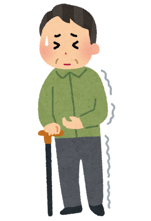 杖を突いて歩いている高齢男性のイラストです。左半身麻痺しています。