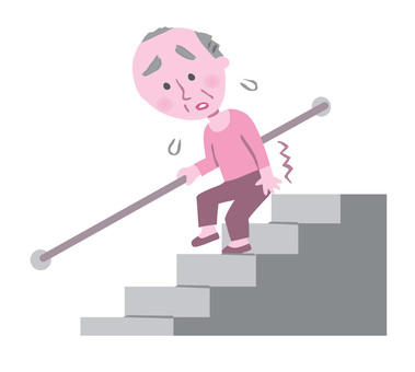 階段を下りている高齢男性のイラストです。ふらついていて段差が怖い様子です。